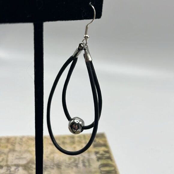 Double Leather Corded Dangling Earrings w/ Silver-Tone Bead Choice of Closure - Picture 7 of 14